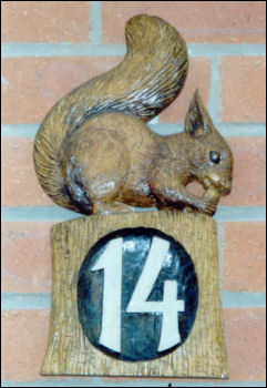 No.14 - Address Name Plate featuring Squirrel Design Carved in Wood by Jose Sarabia, Wood Carver