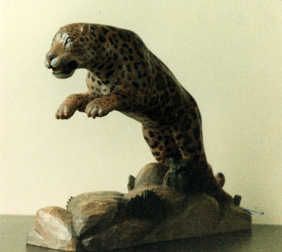 A Jaguar Carved In Sycamore, Coloured With Oils And Beeswax. - jaguar carving, wooden cat, hand carved jaguar, hand carved big cat, sycamore