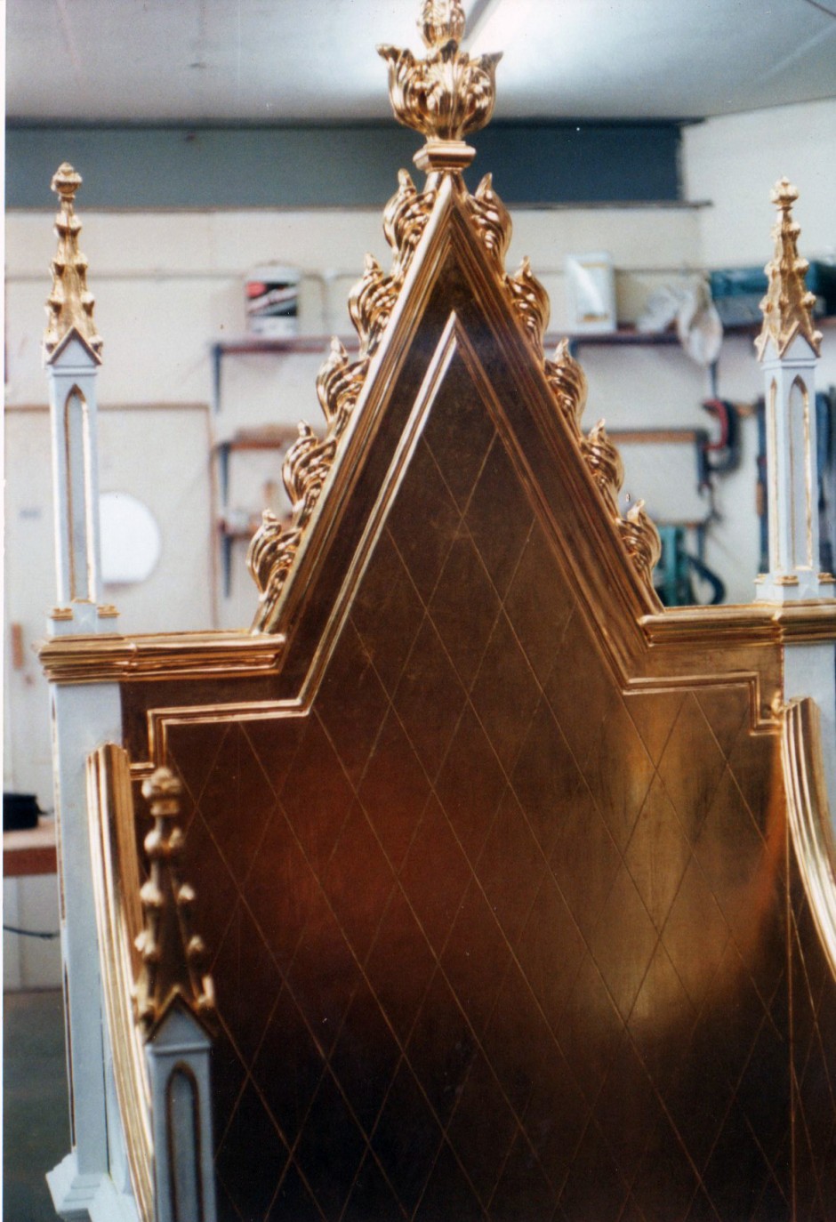 Close Up Of The Back Of The Chair - coronation chair, tower of london, gothic details, furniture, reproduction