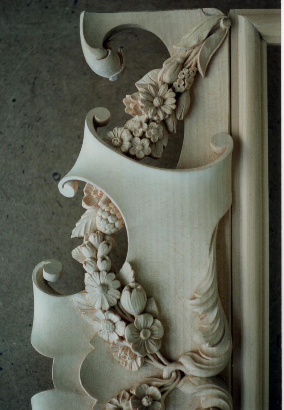 Close up of carved frame in progress - mirror frame wembley jose sarabia carving