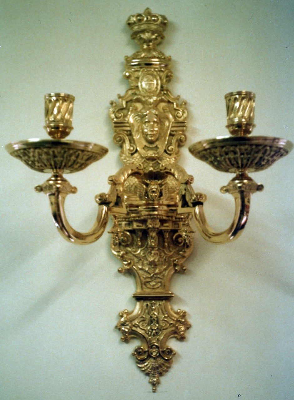 Finished Gold Plated Bronze Cast - carved wall light, bronze casting lime carving mansion house york