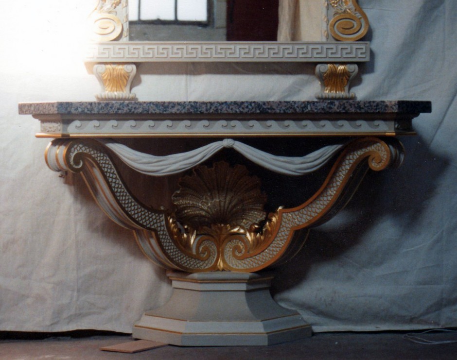 Guilded table for the British Embassy in Oslo - carved table granite top mirror lime wood mahogany wood carving