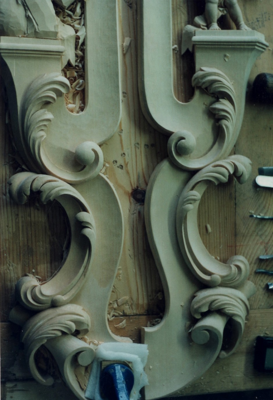 Lower mirror frame edges in progress - carving in progress mirror frame edges