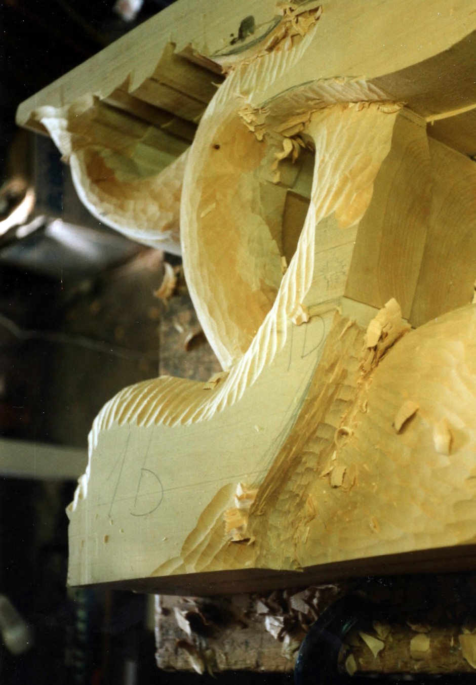 Preliminary shaping and carving - wood carving, dolphin table legs, dolphin legs, jelluton