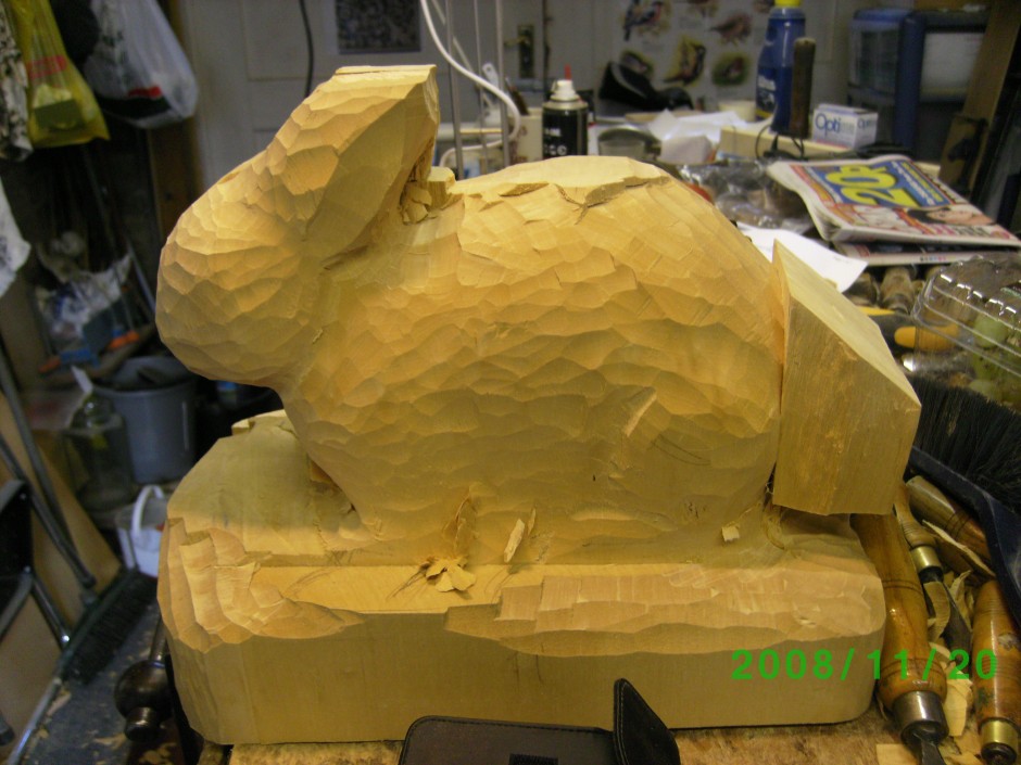 Rabbit shape roughed out - Brown Rabbit, wood carving