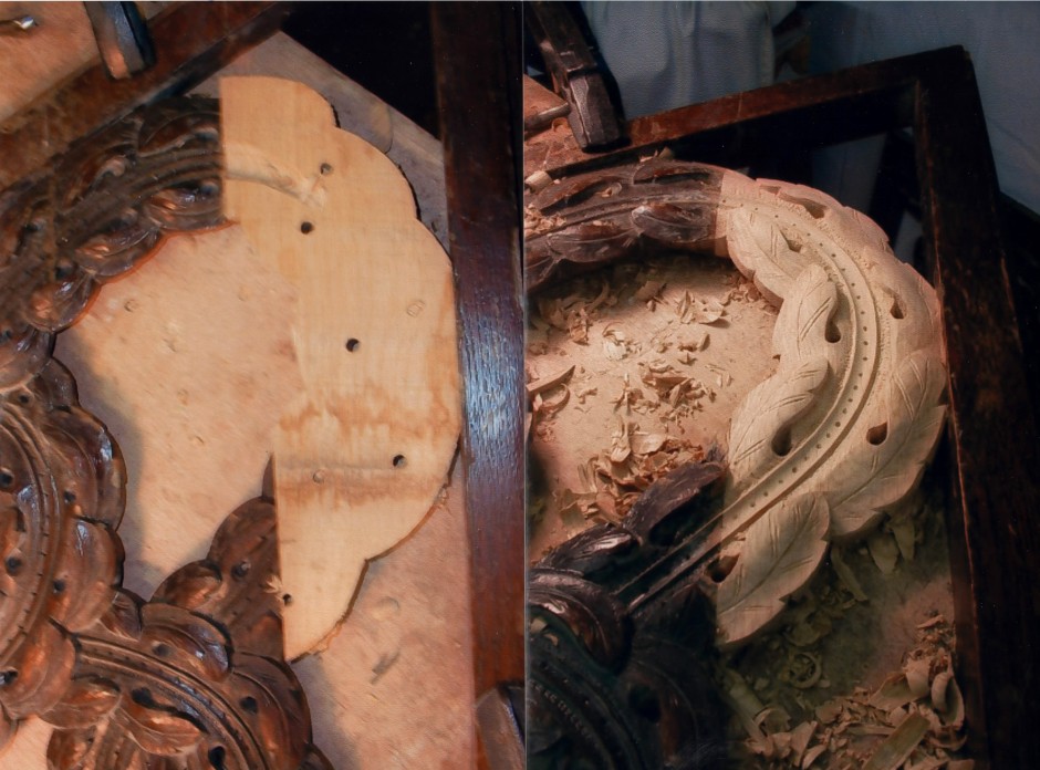 Stair panels with new infill sections which are then carved to match - hand carved restoration abbey hotel whitby