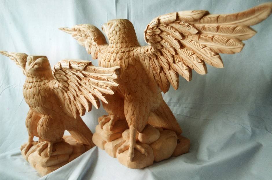 The Eagle Pair - two eagles pair of eagles wood carving jelluton