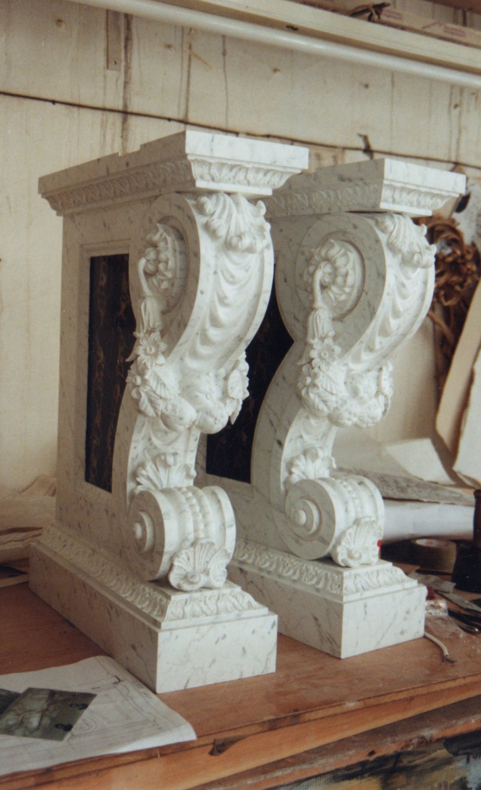 The Fully Decorated Legs With Marble Like Appearance. - marble wood yellow pine console table swags fruit shells hampton court palace