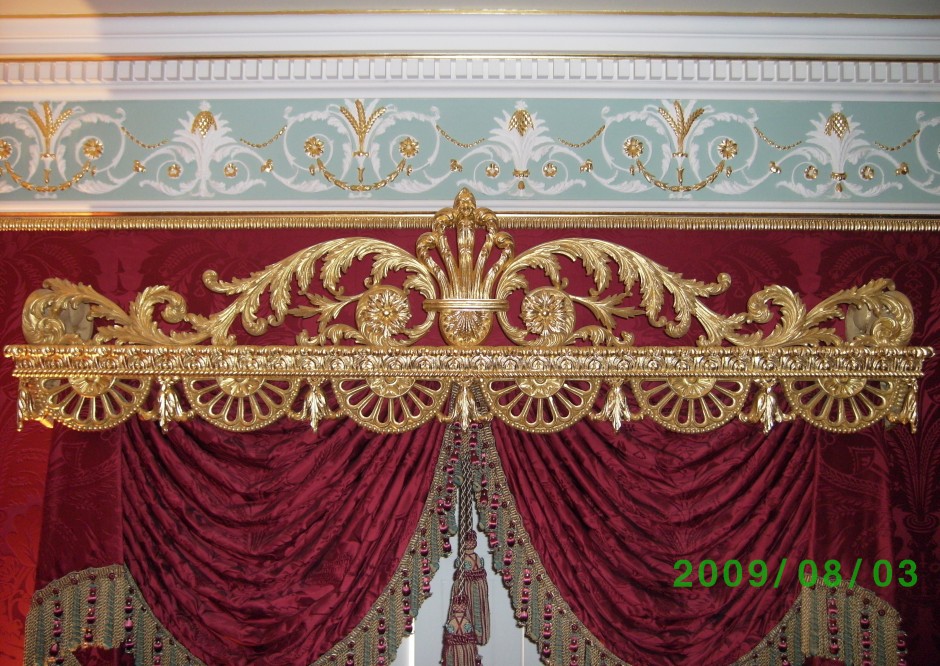 The final pelmet, completed and installed - pelmet, wood carving, gold, guild