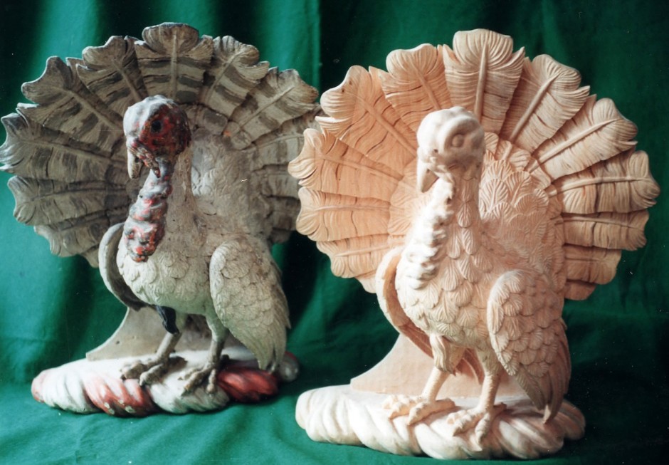 The original and reproduction prior to repainting - Repainting of carving