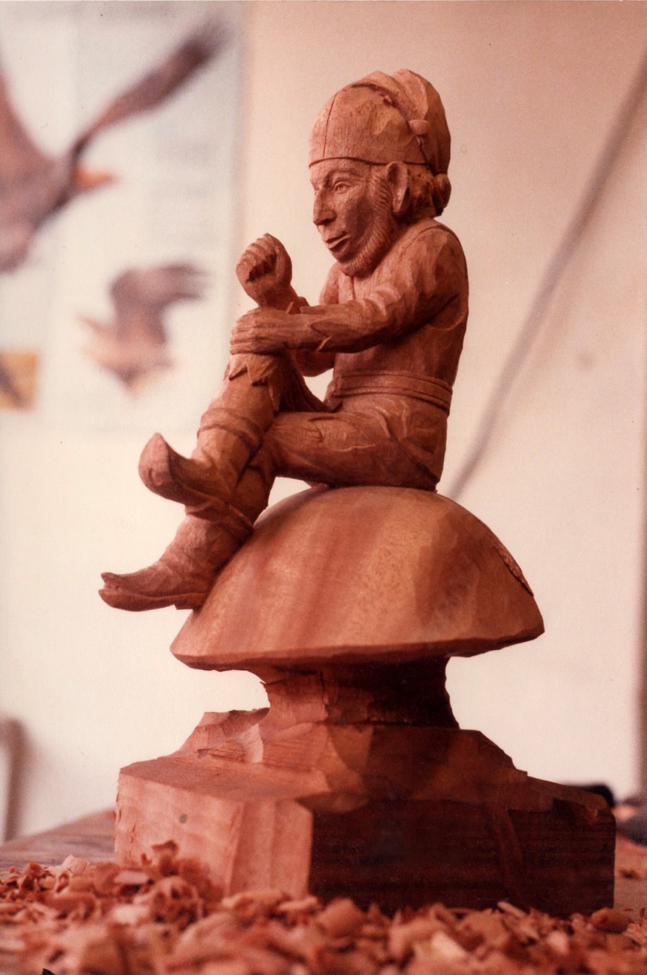 Three Quarter View Of The Gnome On His Toadstool - gnome, wood carving, wood carver