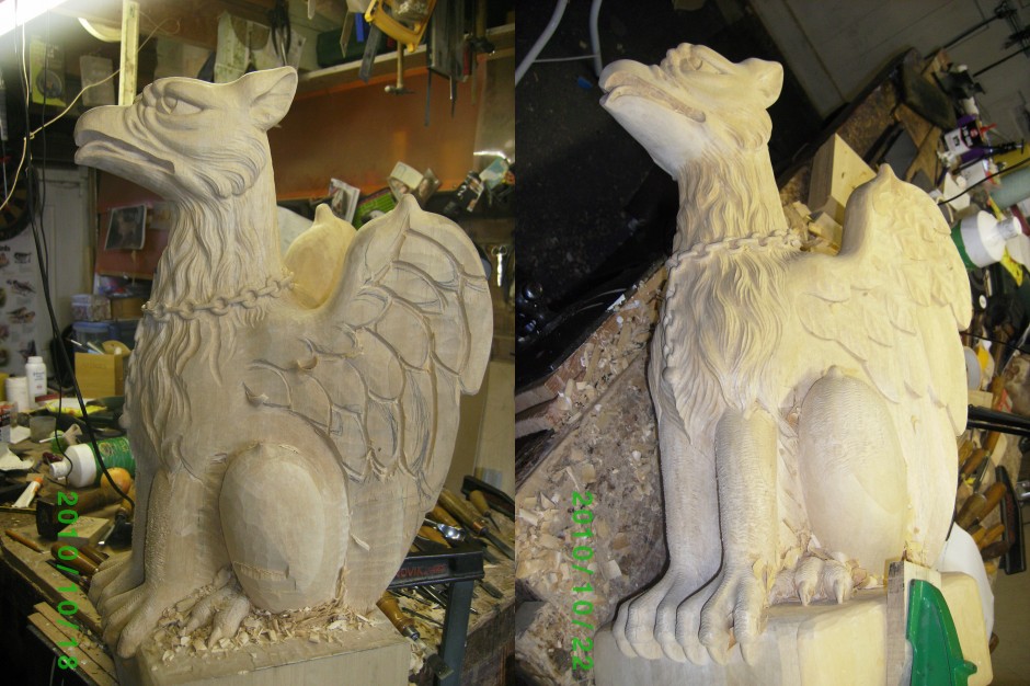 Work in progress on the Griffin - griffin being carved work in progress