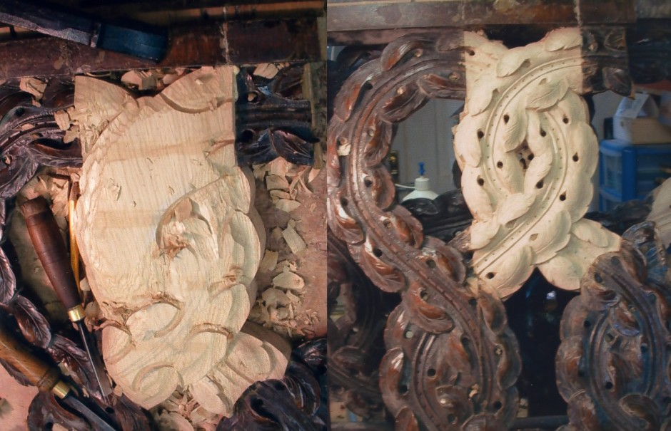 Work in progress photo showing infill and new carving in oak. - oak carving infill